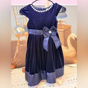 Rare Editions Navy Velvet Kids Dress with Satin Bow